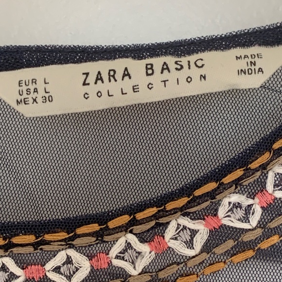 ZARA Basic Embroidered Sheer Mesh Boho Blouse Peplum Top Navy Size L - Picture 2 of 13